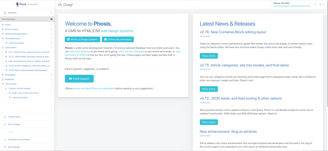 Phosis's UI and dashboard as of 4/15/2020